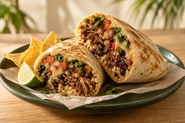 Palm & Salt burrito, tortilla chips and a drink