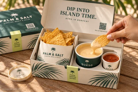 Palm and Salt chips and queso box packaging design