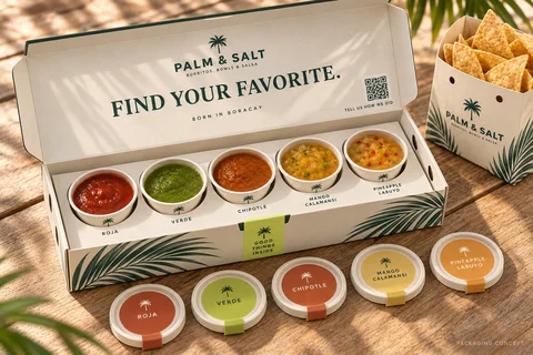 Palm and Salt five-salsa flight box packaging design