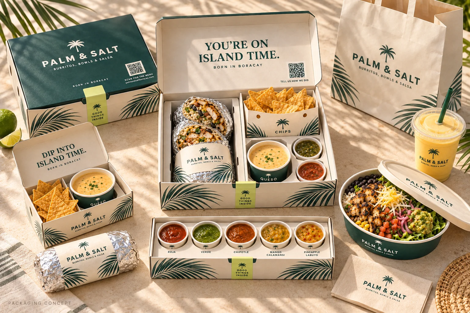 Palm and Salt branded takeout spread with burrito box, bowl, drink, salsa flight and bag